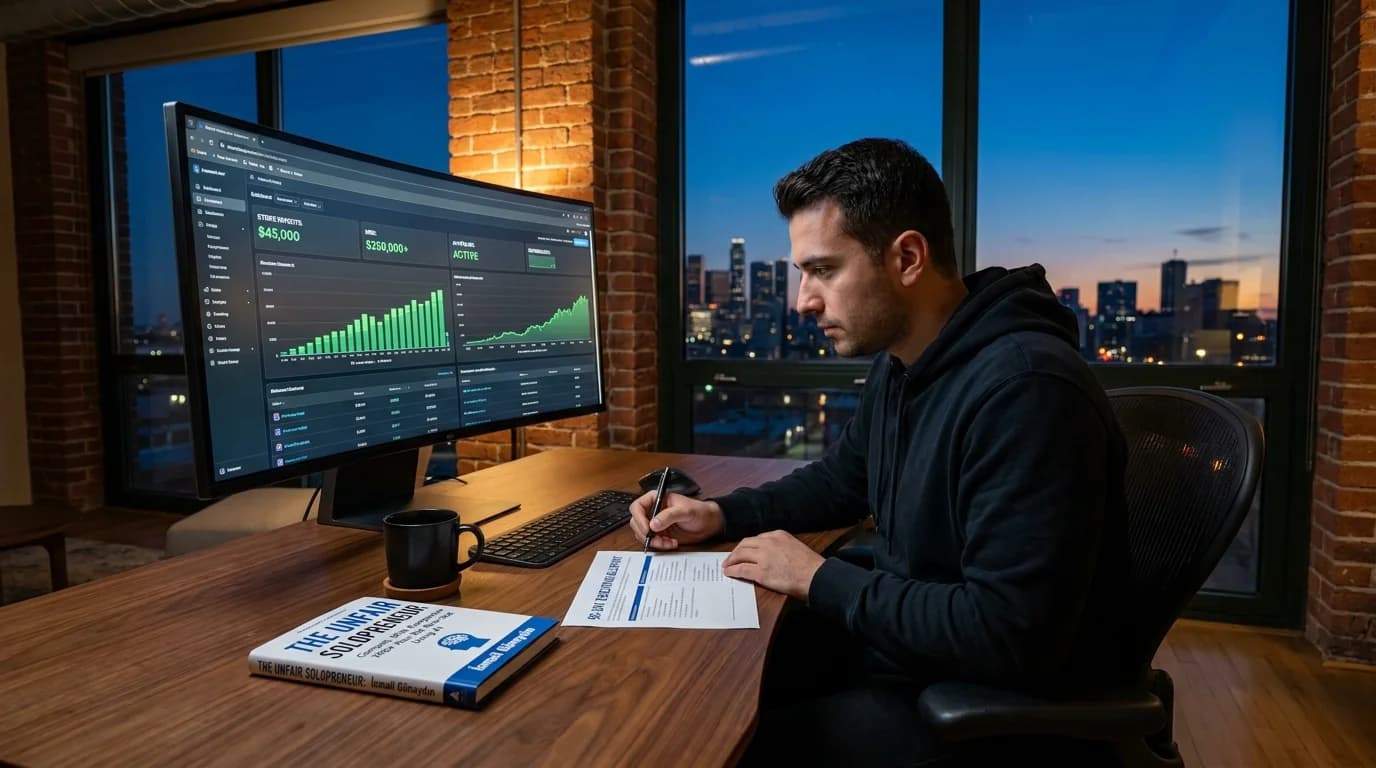 A solo founder reviewing growth charts and financial leverage against enterprise competition