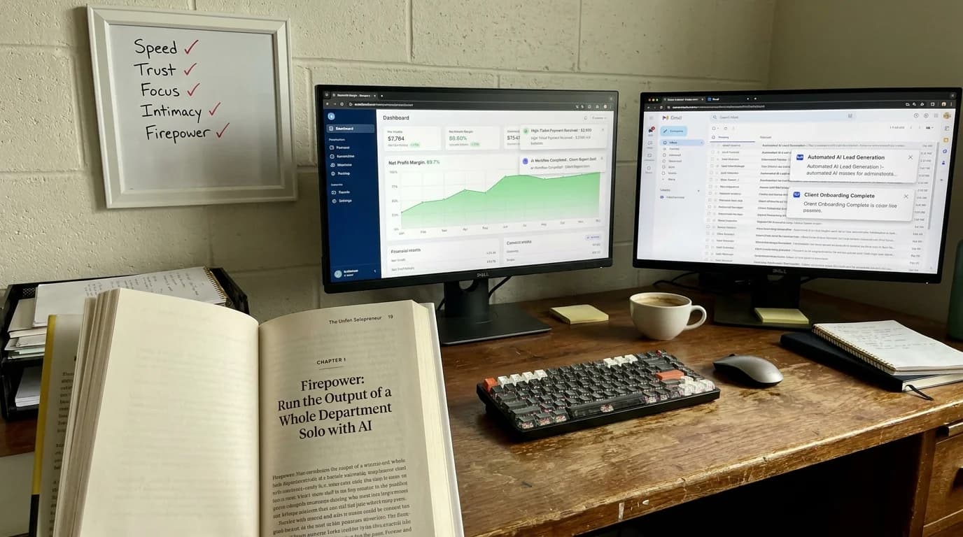 A solo entrepreneur operating a profitable automated business using AI workflows on laptop