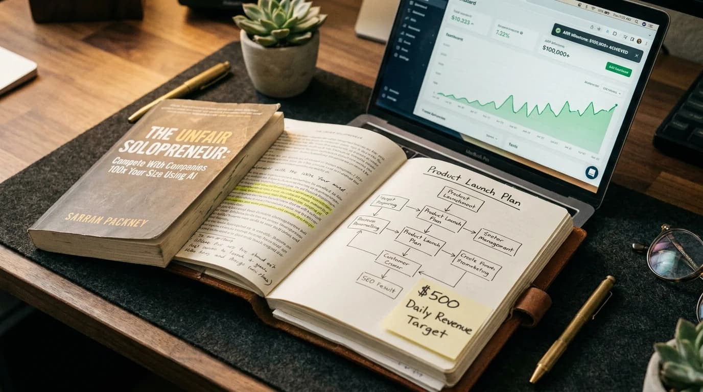 A focused solo entrepreneur working at an aesthetic modern setup with real-time AI dashboards and business operations