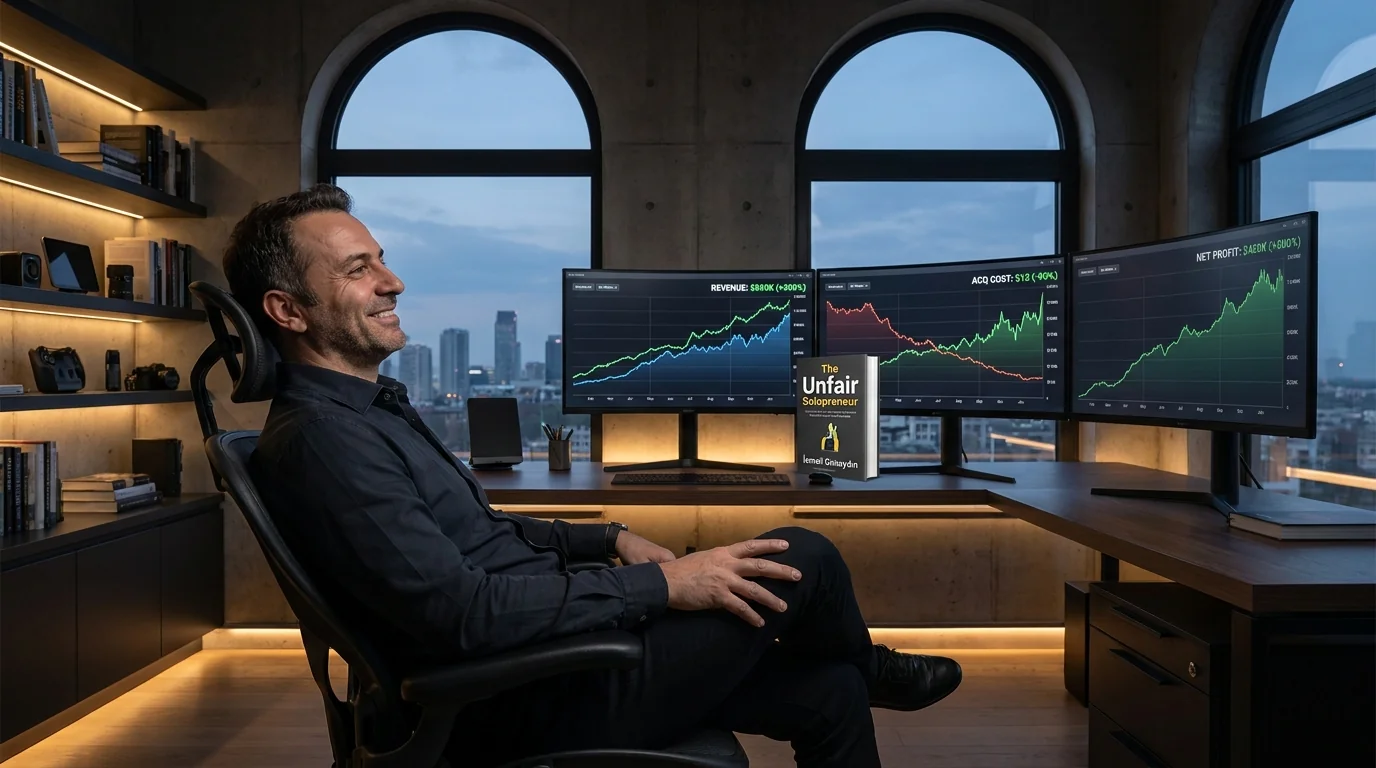 A solo operator celebrating freedom and business autonomy after implementing the 90-day AI build system
