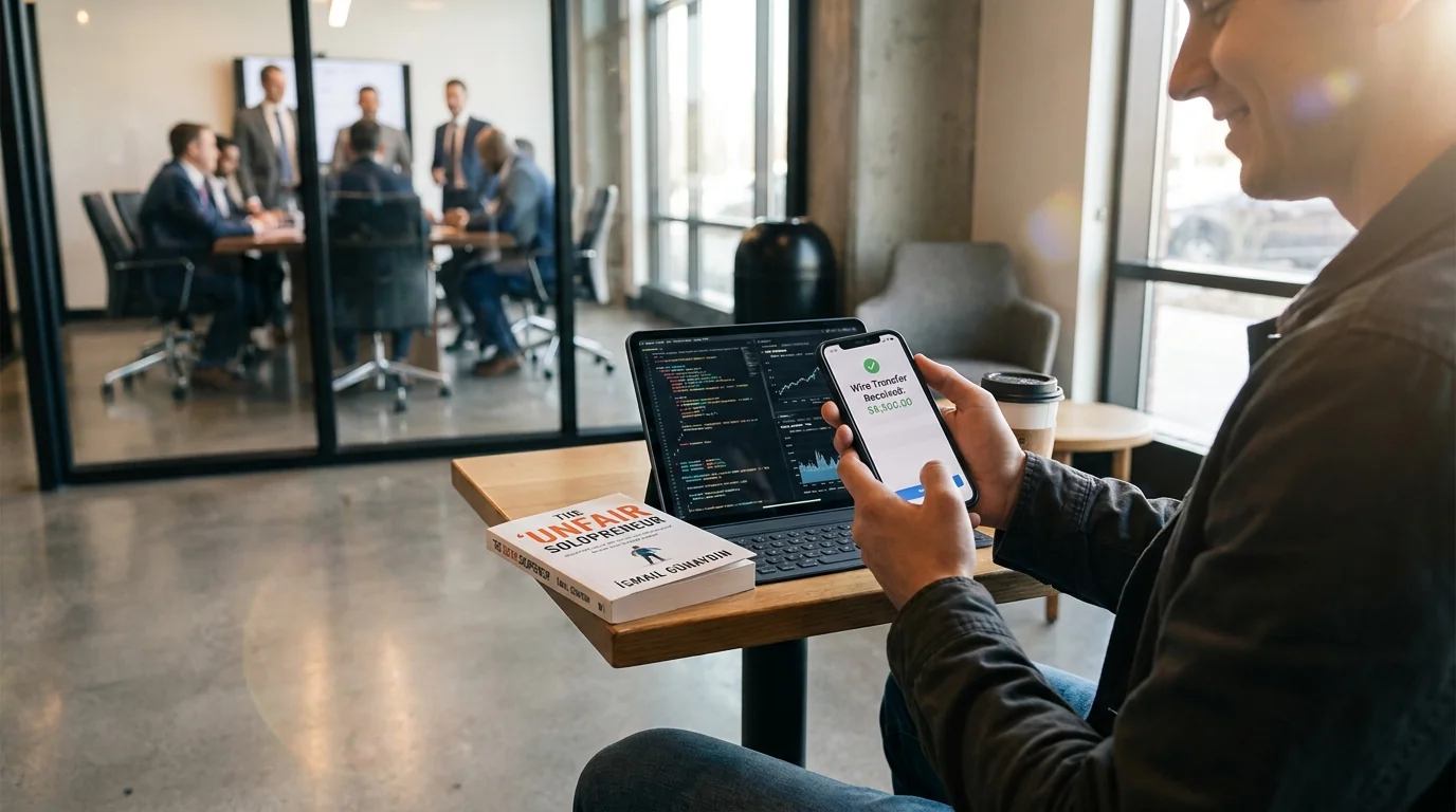 A successful entrepreneur checking revenue notifications and wire transfers from profitable automated digital operations