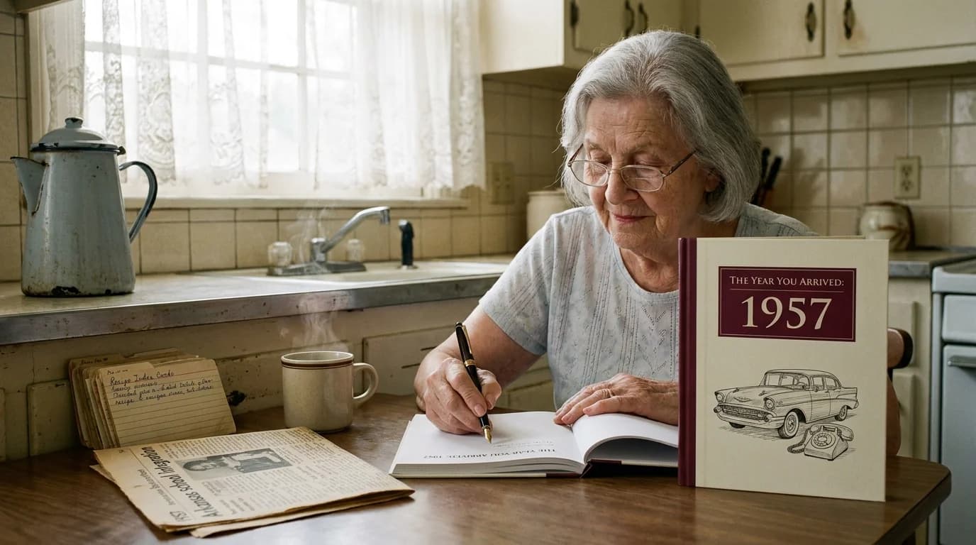 An older woman writing personal family recipes and childhood memories into a keepsake memory journal