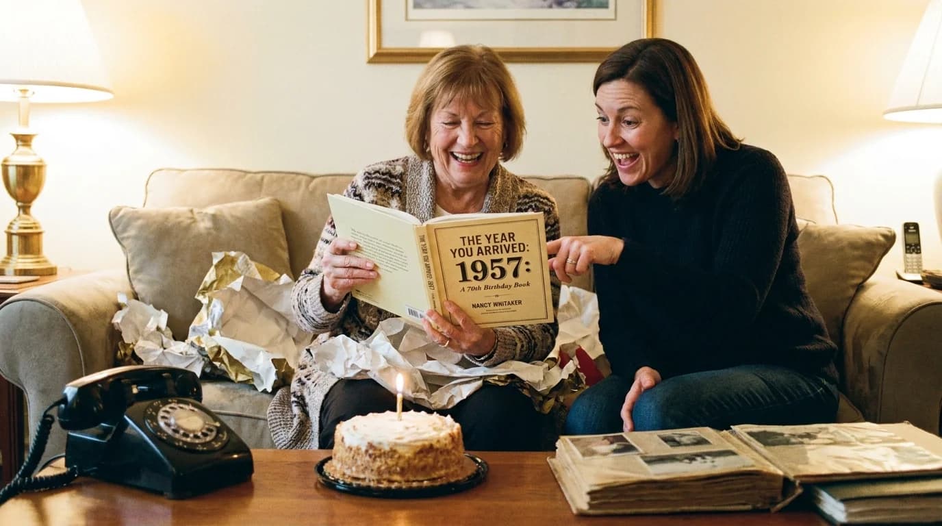 A family celebrating a 70th milestone birthday together, opening a personalized memory book of 1957 headlines and prices