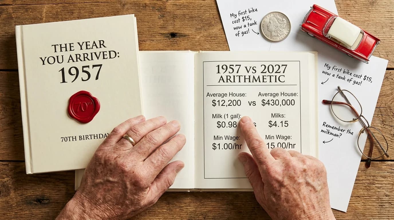 Hands turning through the pages of a month-by-month 1957 almanac and timeline of 20th century milestones