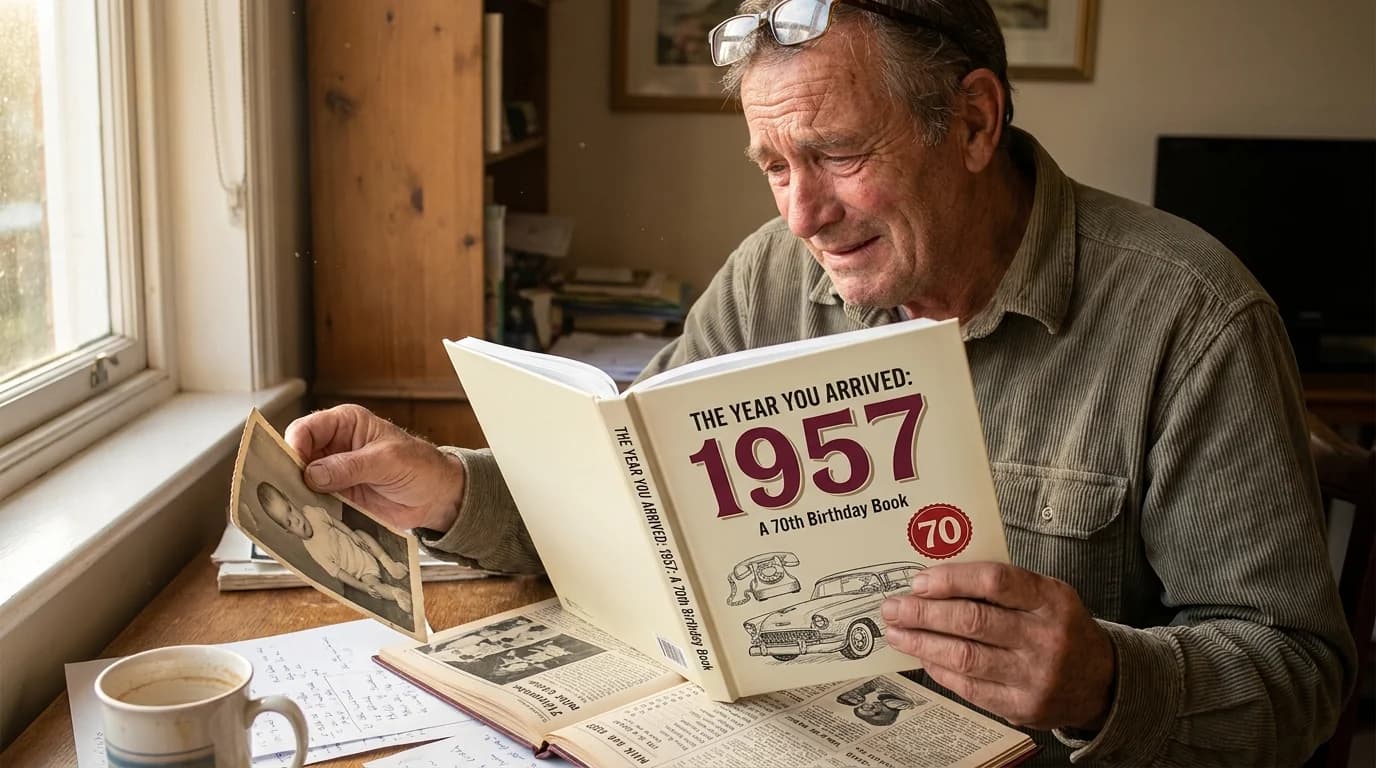 A man reviewing vintage newspaper archives, black-and-white photographs, and historic headlines from 1957