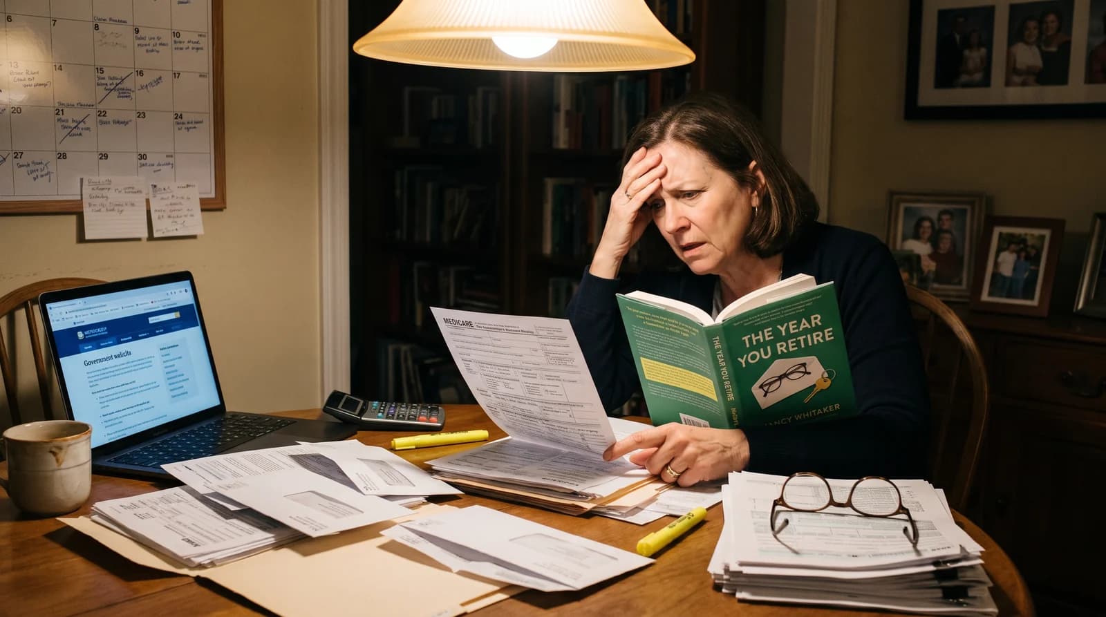 A woman in retirement carefully reviewing her official calendar, benefits timelines, and federal documents