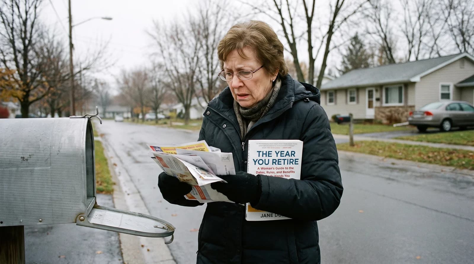 A retired woman examining an unexpected Medicare IRMAA surcharge bill from the mail and preparing Form SSA-44 for income recalculation