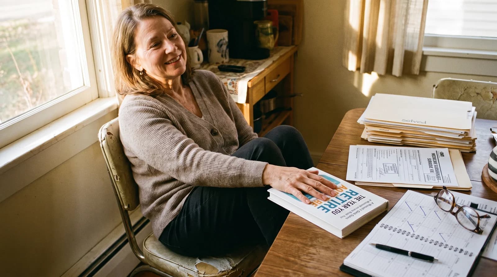 A retired woman smiling in relief with her organized retirement calendar and comprehensive benefits guide in hand