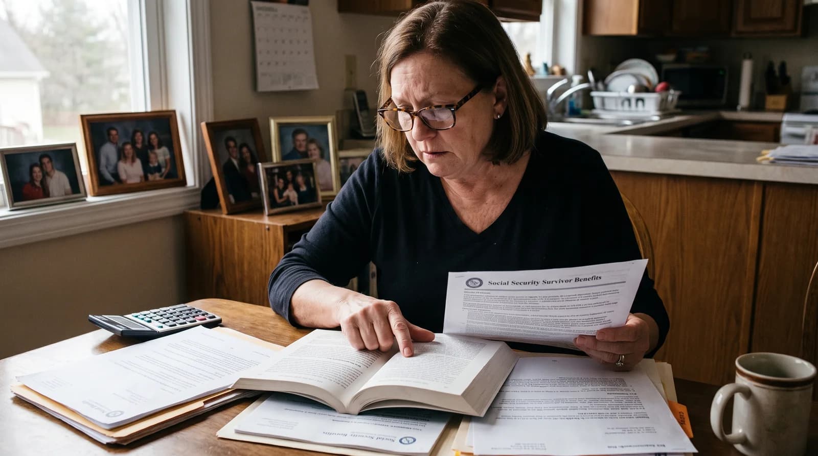 A woman reviewing complex Social Security survivor records and the separate Full Retirement Age tables in federal program manuals