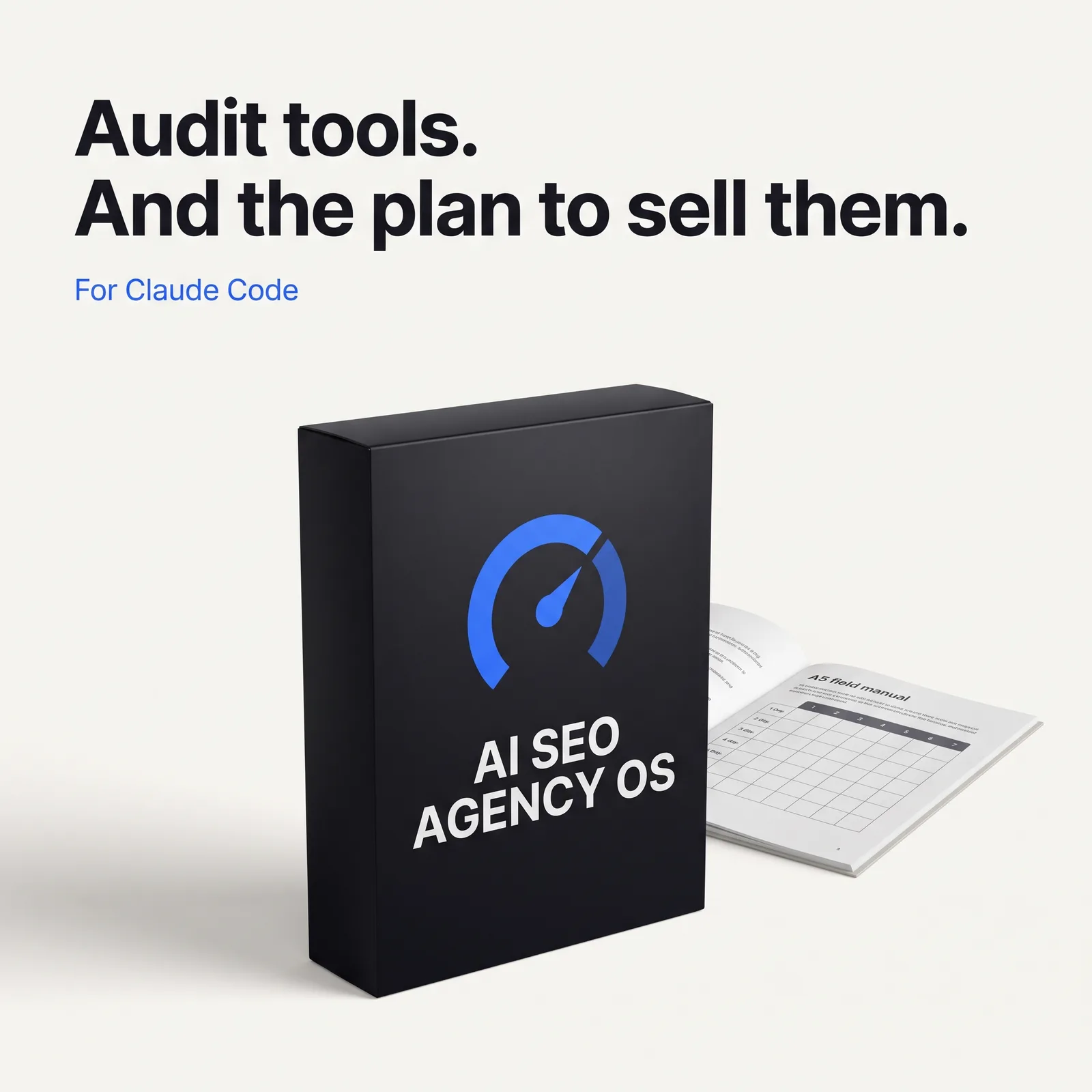 AI SEO Agency OS box next to an open field manual with a seven-day checklist